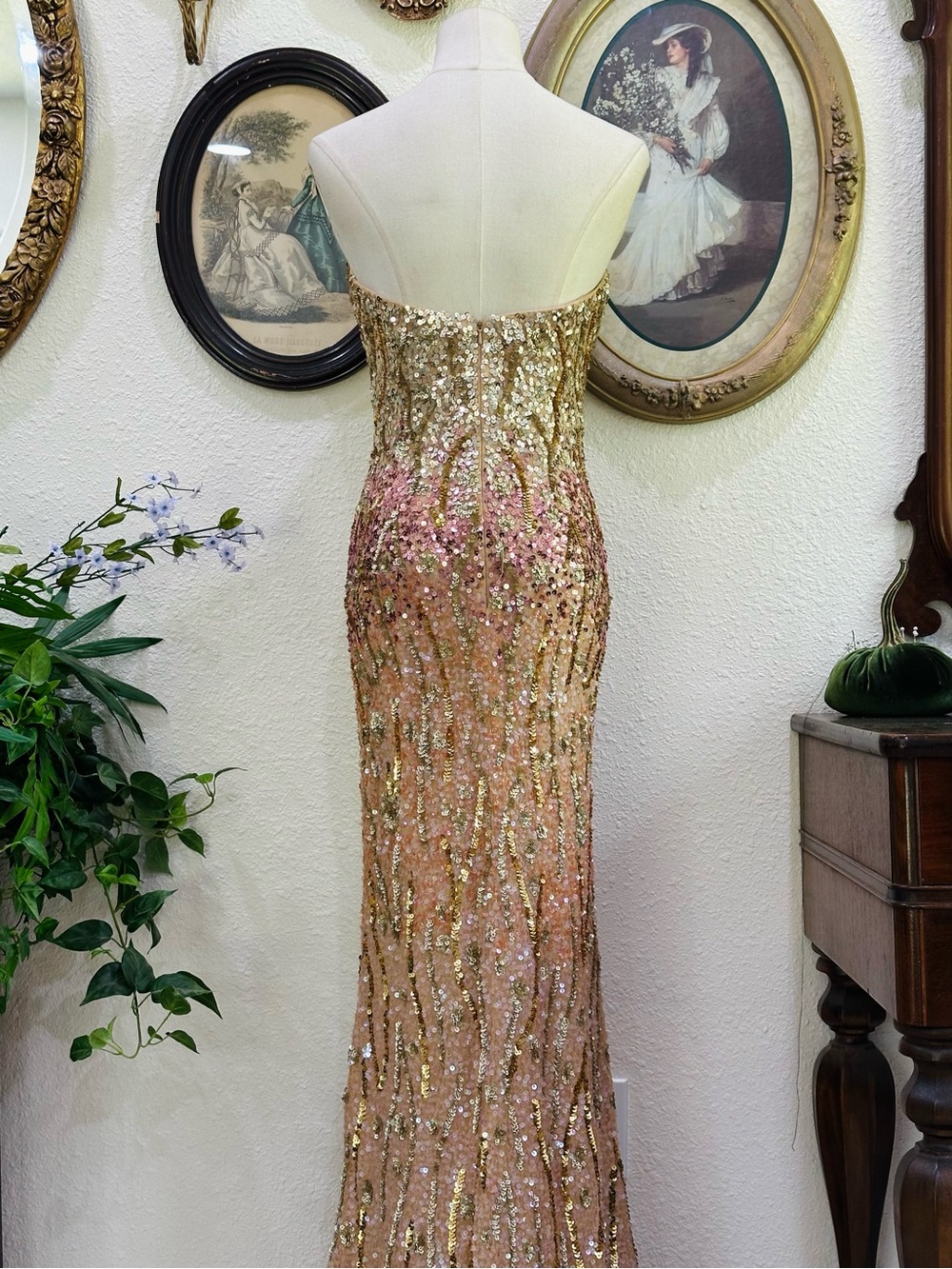 Scala Gold and Pink Sequin Strapless Maxi Gown - Picture 13 of 16